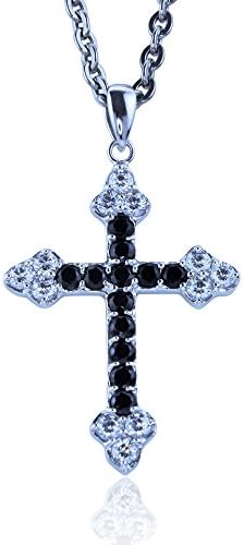Black and White Simulated Diamond Cross Pendant in Sterling Silver with 18" Chain