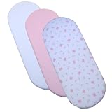 Pack of 3 Fitted Cotton Moses Basket Sheets - 1 White, 1 Pink, 1 Pink Teddy Ami