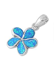 Sterling Silver Blue Lab Opal Hawaiian Plumeria Flower Pendant and Necklace