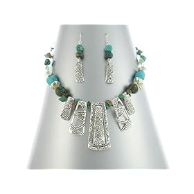 Beautiful Tribal Look Genuine Stone and Turquoise Necklace and Earrings Set Silver Tone ~... by Western Earrings