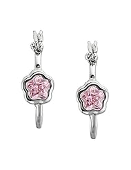 Pink Flower Cubic Zirconia - Hoop Earrings in Sterling Silver - Hinge Back