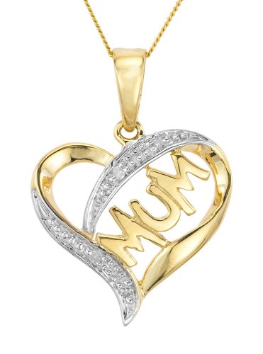 9ct Yellow Gold Ladies' Diamond Set Open Heart Mum Pendant with 46cm Curb Chain