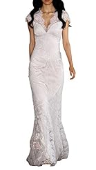 V-neck Cap Sleeves Sheer Lace Charmeuse  Dress with a Brush/Sweep Train 