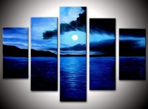 100% Hand Painted Art 5 Piece Wall Art Moon Rising from Blue Sea Abstract Oil Painting Group Painting Canvas Art Set Free Shipping Stretched Ready to Hang