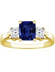 14K Yellow Gold Cushion Cut Blue Sapphire Three Stone Ring