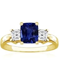 18K Yellow Gold Cushion Cut Blue Sapphire Three Stone Ring
