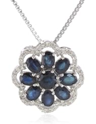 Sterling Silver Sapphire and Diamond Flower Pendant Necklace, 18"
