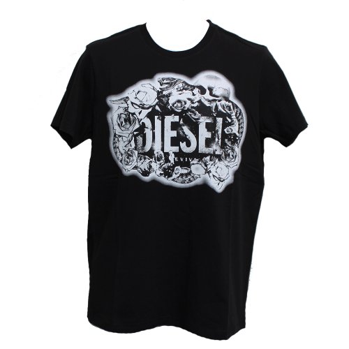 Diesel Men's Black T-shirts Top Skull with Roses