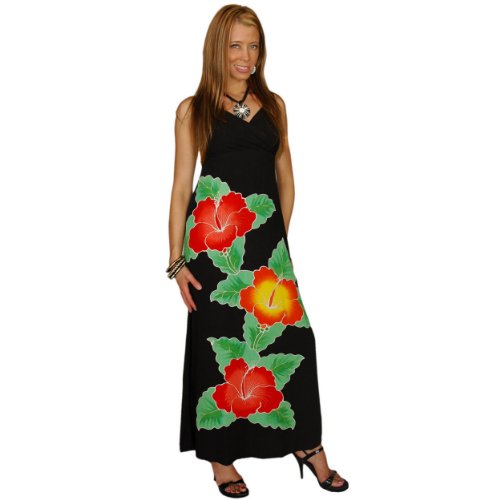 Cheap Women's Black Long V-Neck Dress with Floral Design by 1 World Sarongs