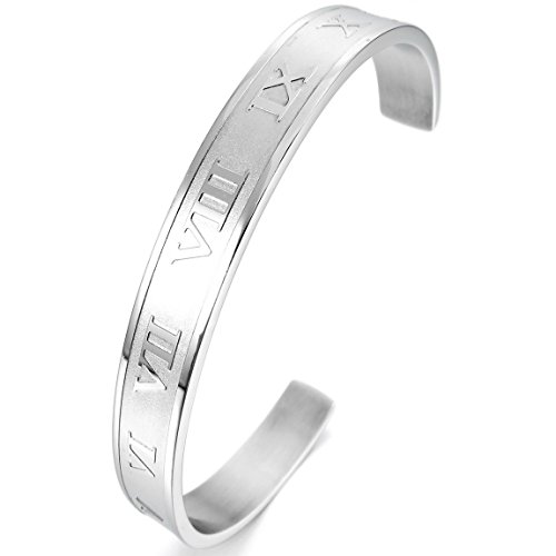 Men,Women's Stainless Steel Bracelet Bangle Cuff Silver Tone Roman Numeral