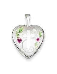 SS 16mm D/C & Enameled Cross & Flowers Heart Locket. Metal Wt- 2.4g