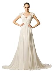 A-line V-neck Chiffon Lace Goddess Keyhole Vintage Sheer Floral Print  Dress with a Court Train 