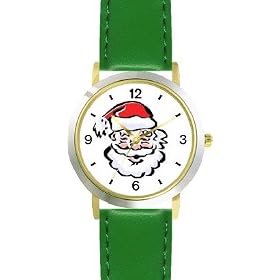 Santa Claus Face Christmas Theme - WATCHBUDDY� DELUXE TWO-TONE THEME WATCH - Arabic Numbers - Green Leather Strap-Size-Large ( Men's Size or Jumbo Women's Size )