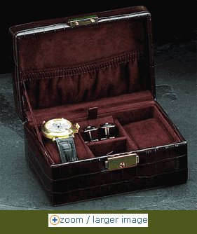Genuine Croco Brown Leather Jewelry Cufflinks & Watch Box Case-Executive Gift