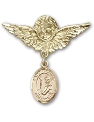14K Gold Baby Badge with St. Dominic de Guzman Charm and Angel with Wings Badge Pin