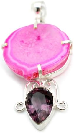 2 1/4" Hot Pink Solar crystal Drusy Geode and purple faceted Quartz Pendant with Chain Necklace for iresitibility and attraction