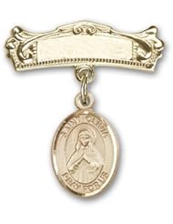 Gold Filled Baby Badge with St. Olivia Charm and Arched Polished Badge Pin