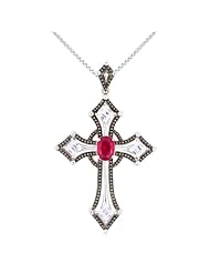 Sterling Silver Oval and Square Shaped Created Ruby and Created White Sapphire Cross Pendant Necklace, 18"