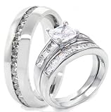 His & Hers 3 Pieces, 925 Sterling Silver & Stainless Steel Engagement Wedding Ring Set, AVAILABLE SIZES men's 8,9,10,11,12; women's set: 5,6,7,8,9.