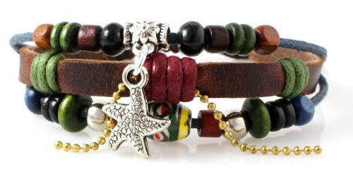 Starfish Beaded Leather Zen Bracelet, Fits 6 to 9 Inches
