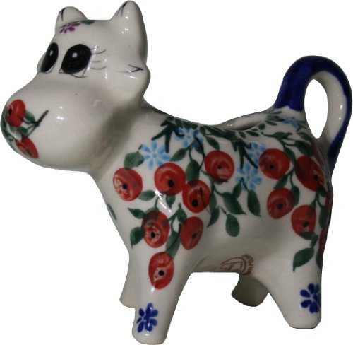 Polish Pottery Ceramika Boleslawiec 0501/282 Royal Blue Patterns 1/3-Cup Cow Creamer, Red Berries and Daisies