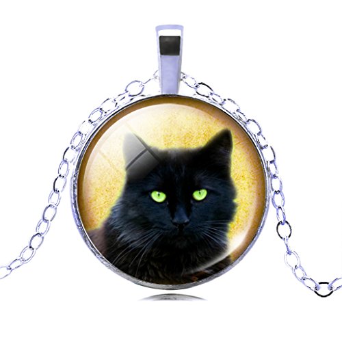 Jiayiqi Horrible Black Cat Time Gemstone Pendant Single Alloy Chain Necklace for Women