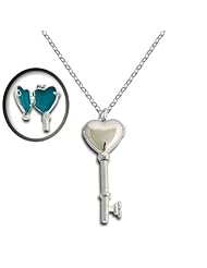 Sterling Silver Turquoise Enamel Heart Key Locket with Chain