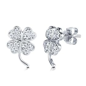 Cubic Zirconia CZ 925 Sterling Silver Four Clover Leaf Stud Earrings
