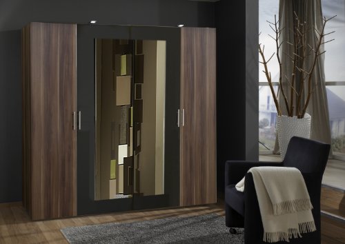 Kleiderschrank Well, Französisch Nussbaum Nachbildung, Absetzung Anthrazit, 225er Breite, 2 Spiegel