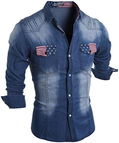 Rlouw Mens Casual Long Sleeve Denim Button Down Shirt Dark Blue