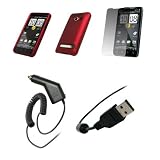 HTC Evo 4G - Premium Red Rubberized Snap-On Cover Hard Case Cell Phone Protector + Crystal Clear Screen Protector + Rapid Car Charger + USB Data Charge Sync Cable for HTC Evo 4G