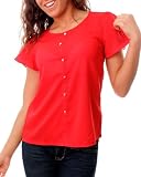 G2 Fashion Square Button Down Flutter Sleeve Top(TOP-CAS,RED-L)