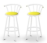 2 Yellow Vinyl Specialty / Custom White Barstools with Backrest Set