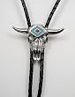 Turquoise/ Coral Inlay Polished Pewter Longhorn Skull Bolo Tie