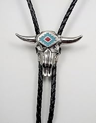 Turquoise/ Coral Inlay Polished Pewter Longhorn Skull Bolo Tie