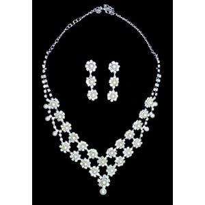 Flower Shaped Rhinestones Pearl Alloy Bridal Wedding Jewelry Set Necklace Earrings