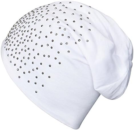Hiloving Hip-hop Stretch Slouchy Knitted Soft Beanie Hats Skully with Diamond (White)