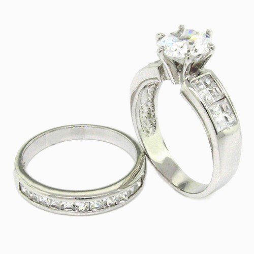 Classic Wedding Ring/Band Set w/Round Brilliant & Princess White CZs