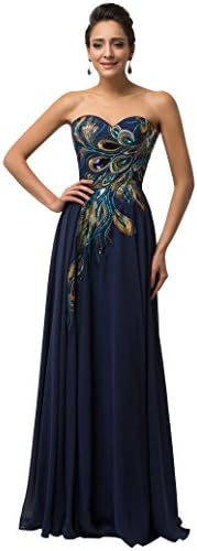 Edith Windsor Women's Strapless Peacock Embroidered Chiffon Evening Dress X-Large Navy Blue
