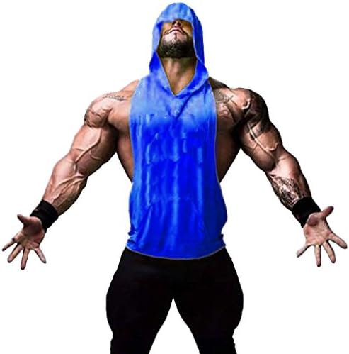 Kingsnower Mens Fashion Sleeveless Hoodie Fitness Tank Top With Kangaroo Pocket(solid-blue-l)