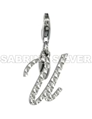Sterling Silver Script Initial Letter U Alphabet Charm Diamond Cut Finish and Lobster Lock Clasp, 3/4 inch