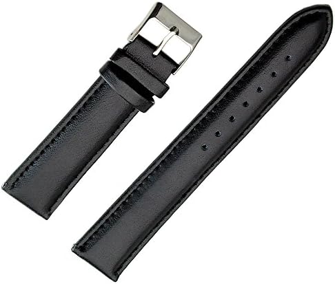 20mm Men's Black Glossy Plain Genuine Leather Watch Band