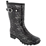 Capelli New York Python Printed With Trim Strap & Buckle Ladies Short Jelly Rain Boot Black Combo 8