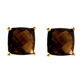 14k Yellow Gold Cushion Cut Briollette smoky Quartz Stud Earrings by