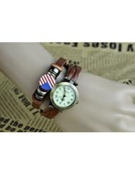 KANO BAK(TM) Fashion Weave Wrap Around Press Button Leather Retro Bracelet Woman Girl Unisex USA United States Flag Wrist Nice Gift Watch