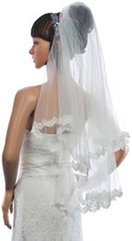 JiaFang Elbow Length 2 Tiers Ivory Applique Edged Wedding Veil with Comb (62*86cm, Ivory)