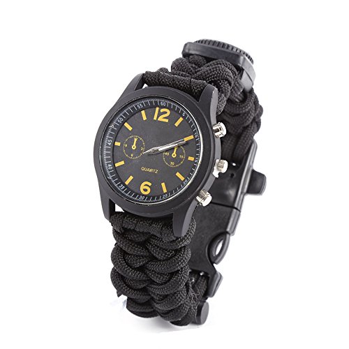 Silvercell Survival Bracelet With Watch Flint Fire Starter Scraper Whistle Gear (Black)