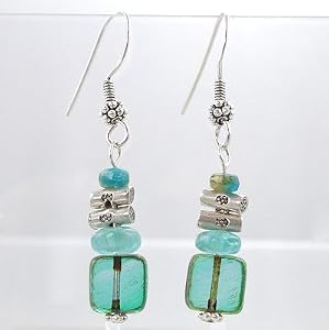 Sterling Silver, Blue Czech Glass & Apatite Dangle Earrings, #9427