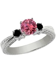 0.99 Ct Round Pink and Black Diamond 925 Sterling Silver 3-Stone Ring