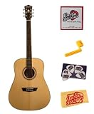 Washburn WD10SLH Left-Handed Dreadnought Acoustic Guitar Bundle with Strings, String Winder, Pick Card, and Polishing Cloth - Natural